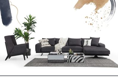 Ecksofa L-Form Sessel Sofa Wohnzimmer Schwarz Modern Stoff Sofas Sitzer