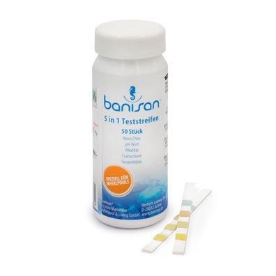 Banisan Teststreifen 50 Stück 5 in 1 für Chlor, pH, Gesamtalkalität, Cyanursäure und