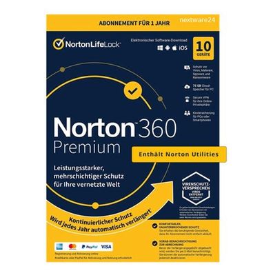 Norton 360 Premium mit Norton Utilities Ultimate | 10 Geräte | 1 Jahr