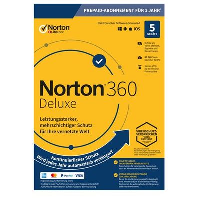 Norton 360 Deluxe | 5 Geräte | 1 Jahr | 2023 | 50 GB Cloud-Speicher