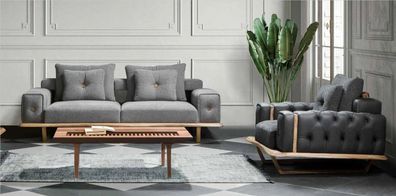 Sofagarnitur Wohnzimmer Holz 3 + 1 Set Sofa Couch + Sessel Textil Modern Grau