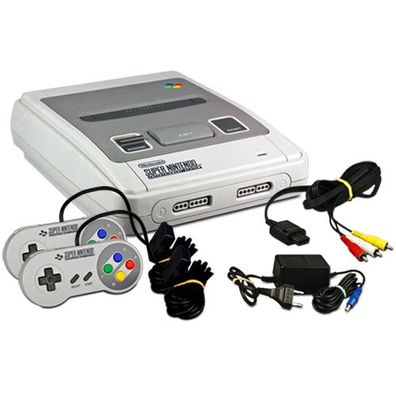 SNES Konsole + alle Kabel + 2 original Controller + Super Mario World - Real