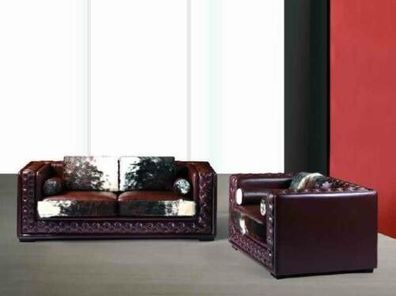 Chesterfield Sofagarnitur Couch Set 2 tlg Leder mit Ponyfell Garnituren