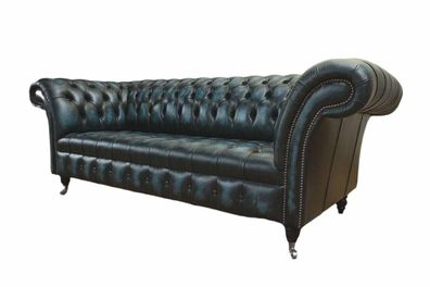 Klassischer 3 Sitz Couch Polster Sitz Chesterfield Textil Leder Blau