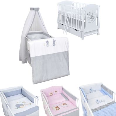 Babybett Kinderbett Weiß Teddy Traumbär Schublade 120x60 Komplett bettset