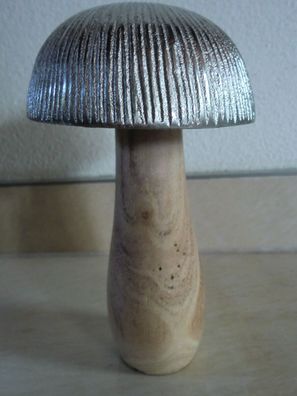 Pilz ALGRIM 12 cm hoch, Hut aus Metall Silber, Stiel Holz poliert, Herbstdeko