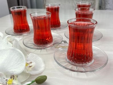 Pasabahce Elysia Teeglas Set 12 Teilig mit Untertassen aus Glas transparent
