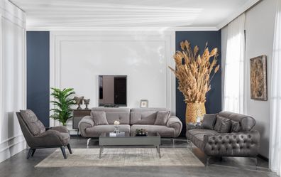 Sofagarnitur 3 + 3 + 1 Sitzer Couchtisch Möbel Luxus Design Chesterfield Wohnzimmer