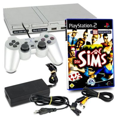 PS2 Konsole Slim Line in Silber + original Controller + alle Kabel + Spiel Die Sims