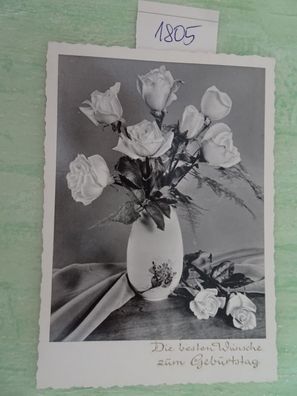 alte Postkarte AK Horn Diamant s/ w Rosen zum Geburtstag geprägter Schriftzug