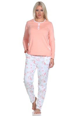 Normann Damen Schlafanzug Langarm Pyjama mit Flamingo Motiv und Knopfleiste am Hals