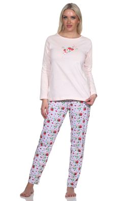 Süsser Normann Damen Schlafanzug langarm Pyjama mit Erdbeeren als Motiv