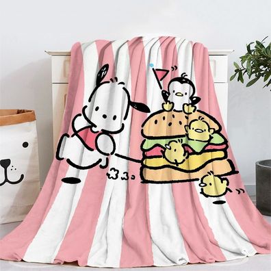 Cartoon Pochacco Welpe Flannel Fleece Blanket Pom Pom Purin Sofa Quilt Nap Decke