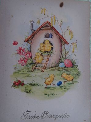 sehr alte Postkarte AK Horn Colordruck Sonderklasse Ostereihaus Küken Ostern
