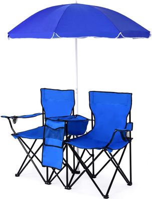 Campingstuhl mit Sonnenschirm, Klappstuhl für Paare mit Getränkehalter Kühltasche