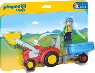 Playmobil 1.2.3 6964 Traktor mit Anhänger, Schaufel und Hebearm sind beweglich, ...
