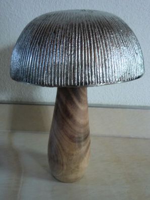 Pilz ALGRIM 22 cm hoch, Hut aus Metall Silber, Stiel Holz poliert, Herbstdeko