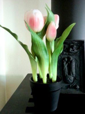 Tulpen im schwarzen Topf, künstliche Blumen natural touch, Farbe Rosa-Creme Seidenbl.