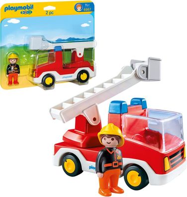 Playmobil 1.2.3 6967 Feuerwehrleiterfahrzeug, mit beweglicher Leiter und Anhängerk...