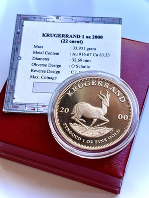 Krügerrand 1 oz 2000 Proof Goldmünze mit original Etui und COA
