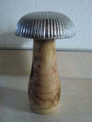 Pilz ALGRIM 14 cm hoch, Hut aus Metall Silber, Stiel Holz poliert, Herbstdeko
