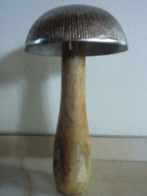 Pilz ALGRIM 32 cm hoch, Hut aus Metall Silber, Stiel Holz poliert, Herbstdeko