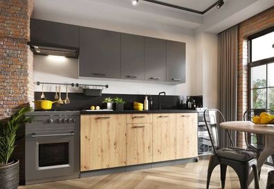 Moderne Küche Küchenzeile Klara 120/180cm Holz / grau matt