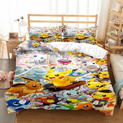 3tlg. Pokémon Pikachu Charmander Bettbezug Set Eevee Gengar Bettwäsche Kissenbezug