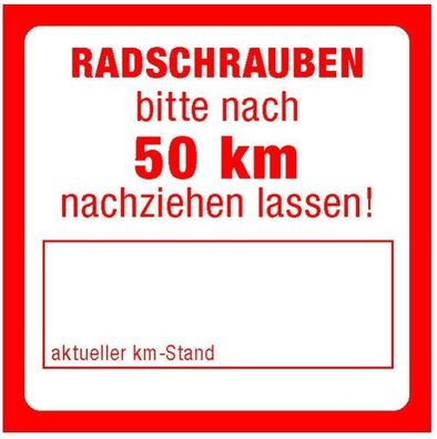50x Radschrauben bitte nach 50km nachziehen lassen! Aufkleber Zettel Etikett
