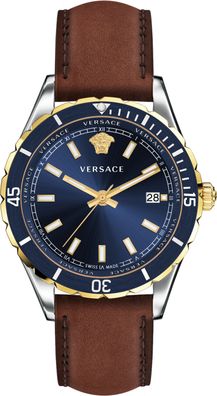 Versace VE3A00420 Hellenyium silber gold blau braun Leder Armband Uhr Herren NEU