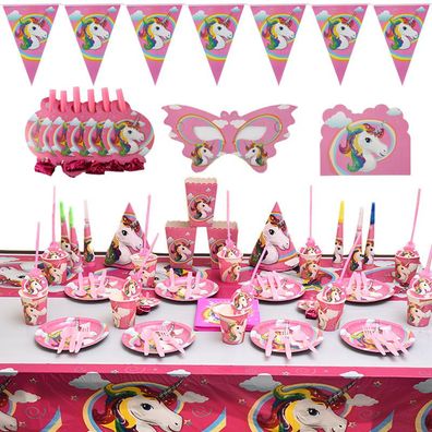 Cartoon Unicorn Party Set mit Tellern, Tassen Geburtstags Geschirr Kit Party Zubehör