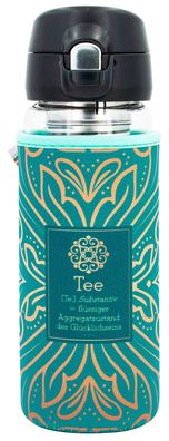 Dora´s Glas-Thermobecher mit Einhandverschluss (450ml) mit Bezug "Tee" in Grün / Gold