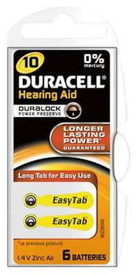 Duracell - Hörgerätebatterie Hearing Aid / 10 AC - 1,4 Volt Zinc Air - 6er Blister