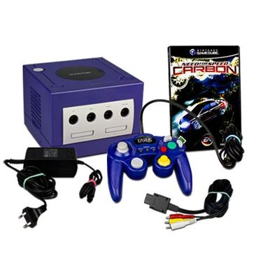 Gamecube Konsole in Lila + Ähnlicher Controller + Need for Speed Carbon