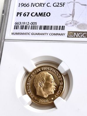 Elfenbeinküste - 25 Francs Gold Proof - 1966 - Felix Houphouet-Boigny NGC PF67 Cameo