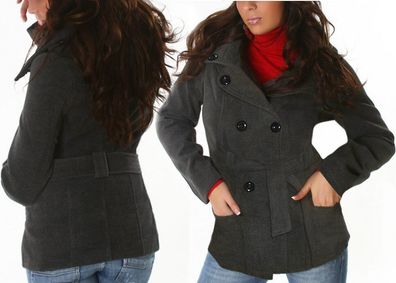 Damen Trendy Jacke Kurz Mantel Binde Gürtel L 40 XL 42 NEU grau Anthrazit