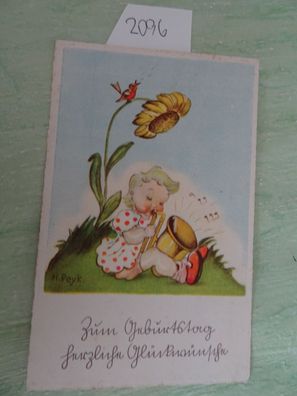 sehr alte Postkarte AK Krüger AFKH H. Peyk Kind & Posaune Sütterlin Geburtstag