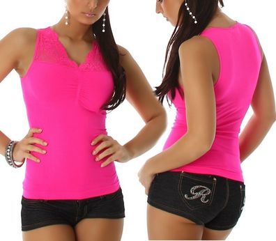 SeXy Damen Stretch Shirt Trendy Spitze Girly Top L/ XL 38/40 neon pink