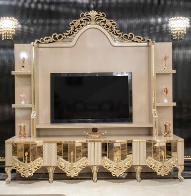 Luxus Wohnwand tv Ständer rtv Lowboard Holz Wohnzimmer Gold Möbel Sideboard