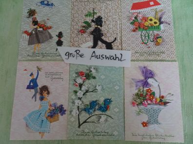 Postkarte AK Amag West Germany Strukturkarte Geburtstag Serie 18 Dame Vögel Blumen