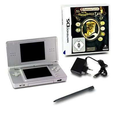 DS Lite Handheld Konsole silber #73A + Professor Layton das geheimnisvolle Dorf