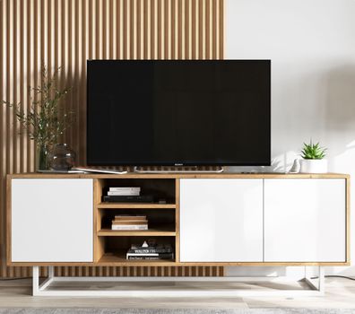 TV-Schrank RTV TV-Lowboard Modern Fernsehschrank 150 cm Wotan Eiche - Weiß matt