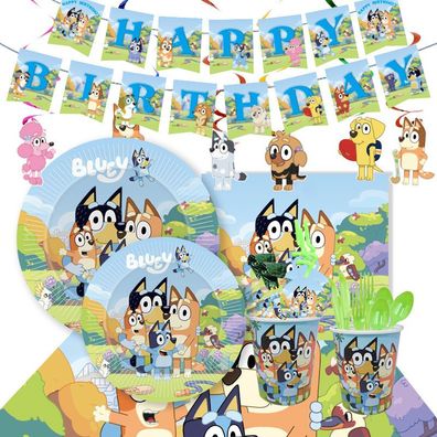 Cartoon Bluey Party Geburtstags Geschirr Kit mit Tellern Tassen Party Dekoration