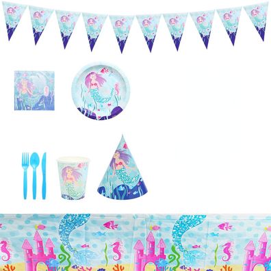 Blauer Schwanz Mermaid Geburtstags Geschirr Kit mit Messer Gabel Party Tableware