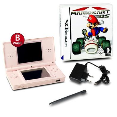 DS Lite Handheld Konsole rosa #74B + ähnliches Ladekabel + Spiel Mario Kart DS