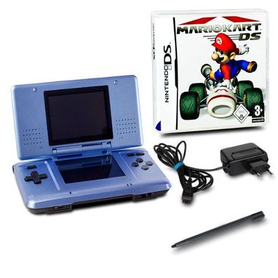 DS Handheld Konsole metallic hellblau #60A + Ladekabel + Spiel Mario Kart DS
