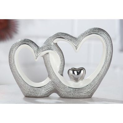 GILDE Porzell Skulptur"Herzpaar"mit Herz weiss/ platin mit Oberflächenstruktur