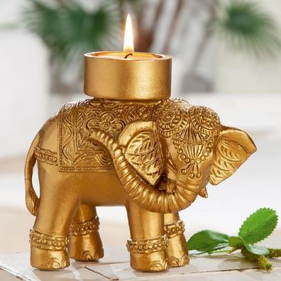 Casablanca Poly Kerzenhalter-Elefant Teelicht Orientalisch goldfarbig