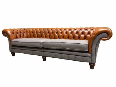 Klassische Chesterfield Couch 4 Sitzer Textil Sofa Leder Design Braun