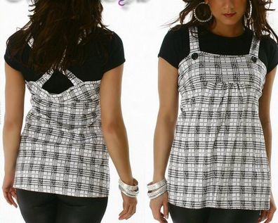 Trendy Damen Shirt Double LongTop kariert 34/36/38 Freesize schwarz weiß Neu